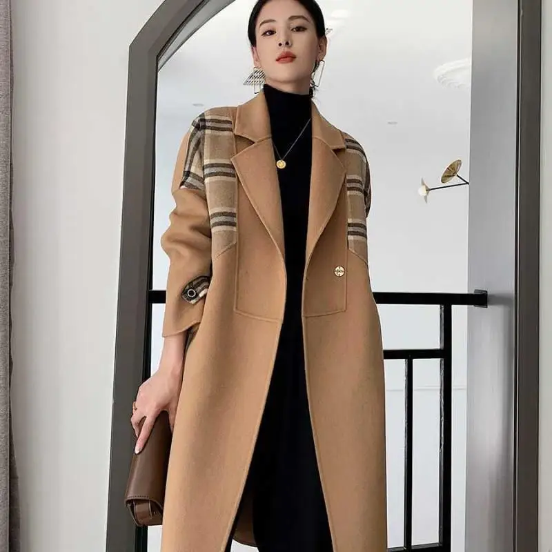

Двухстороннее шерстяное пальто для женщин, весна-осень 2021, кардиган в Корейском стиле с длинными рукавами и отложным воротником для молодых...
