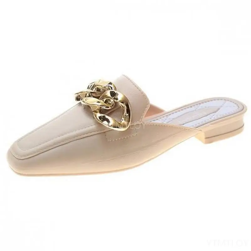 

Summer Women's Slippers Flats Metal Chain Ladies Slides Square Toe Beach Slip On Female Footwear Zapatillas Mujer