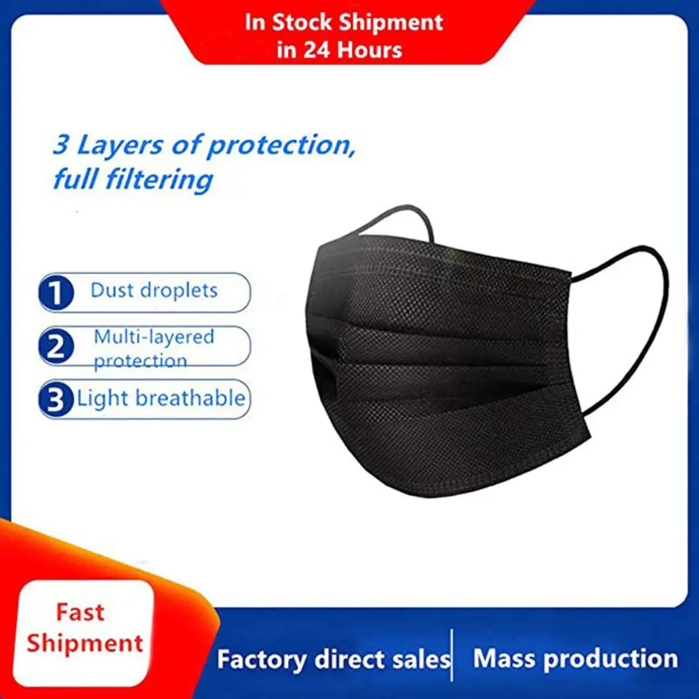 

Black Disposable Face Mouth Mask Three Layers With Meltblown Cloth Adult Mask Anti-Dust Protective Mask Portable Civilian Masks