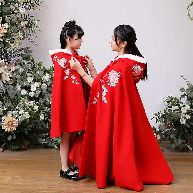 Зимняя шапка Hanfu с вышитыми цветами в китайском стиле красная белая накидка пончо