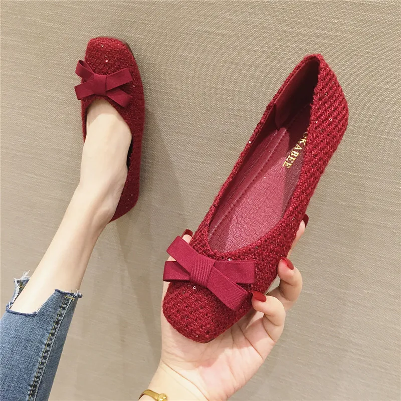 2021 Nude Shoes Black Flat Heel Shoes for Women Red Flats with Bowknot Square Head Butterfly Knot Solid Color 31 32 33 44 45