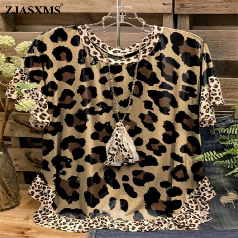 

Retro Leopard Print Patchwork Blouse Shirts 2021 Spring Elegant Round Neck Women Tops Pullover Summer Short SLeeve Loose Blusas