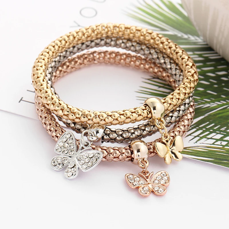 

Luxury 3Pcs/Set Crystal Butterfly Pendant Bracelets For Women New Alloy Bangles Bracelets On Hand 2021 Trend Jewelry Party Gift