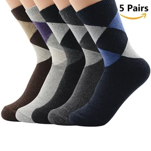 Мужские носки, шерсть, хлопок, повседневные, высокое качество, бриллиантовый узор, мужские носки, зимние, толстые, теплые, 5 пар, счастливые, дышащие мужские носки