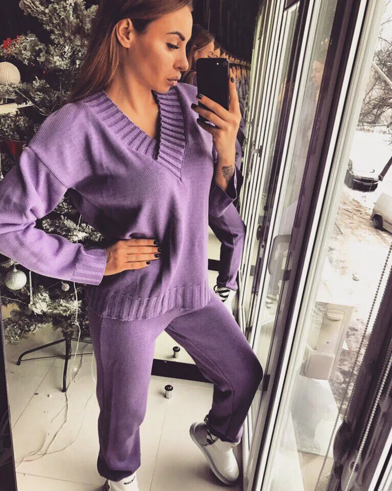 

2020 Real Full New Women's Knitting Suit V-neck Knit Sweater + Trousers Winter Warm And Pure Color Two-piece Of Women Pullover