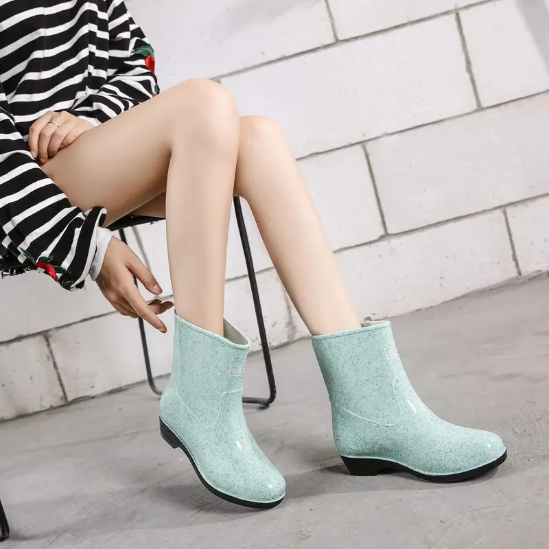 Однотонные резиновые женские водонепроницаемые ботинки с круглым носком