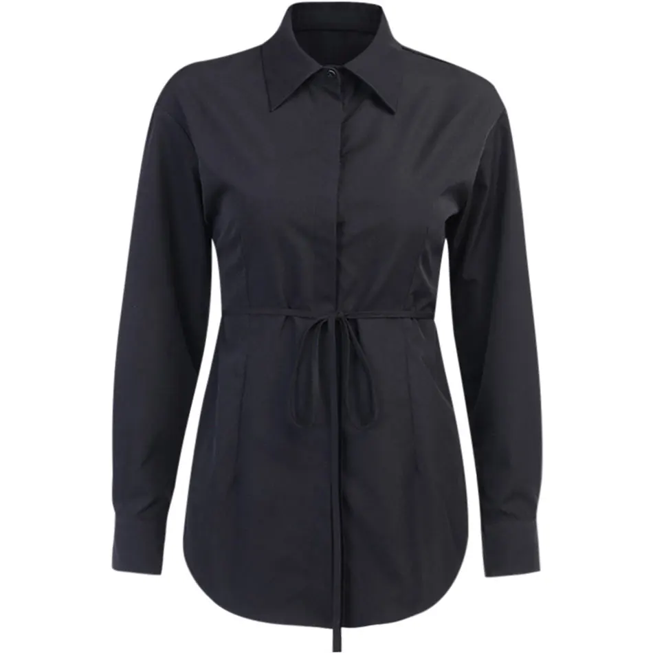 

Free Shipping Blouse Women Long Sleeve Hollow Out Lace up Shirts Casual Fashion Sexy Turn-down Collar Front Button Solid Top