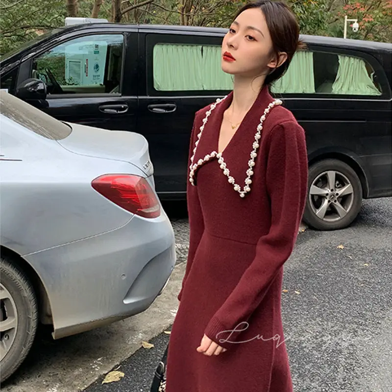 

Vintage Knitted Dress Women French Casual V-Neck One Piece Dress Spring Slim Office Elegant Sweater Dress Female