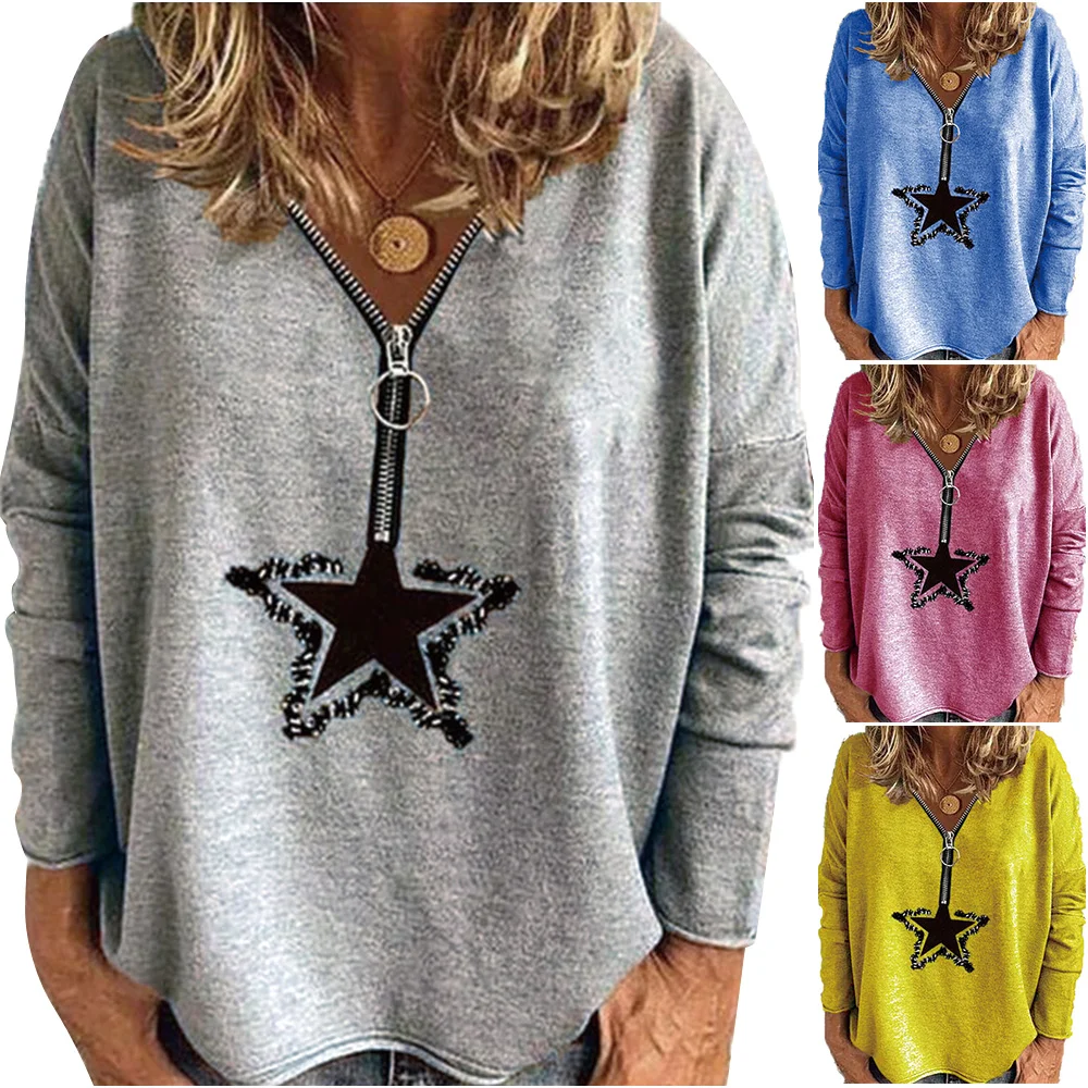

T Shirt Women Star Printed Zip V Neck Pullover Long Sleeve Top Women Clothing Casual Tops Loose Female T Shirt Spring Tops
