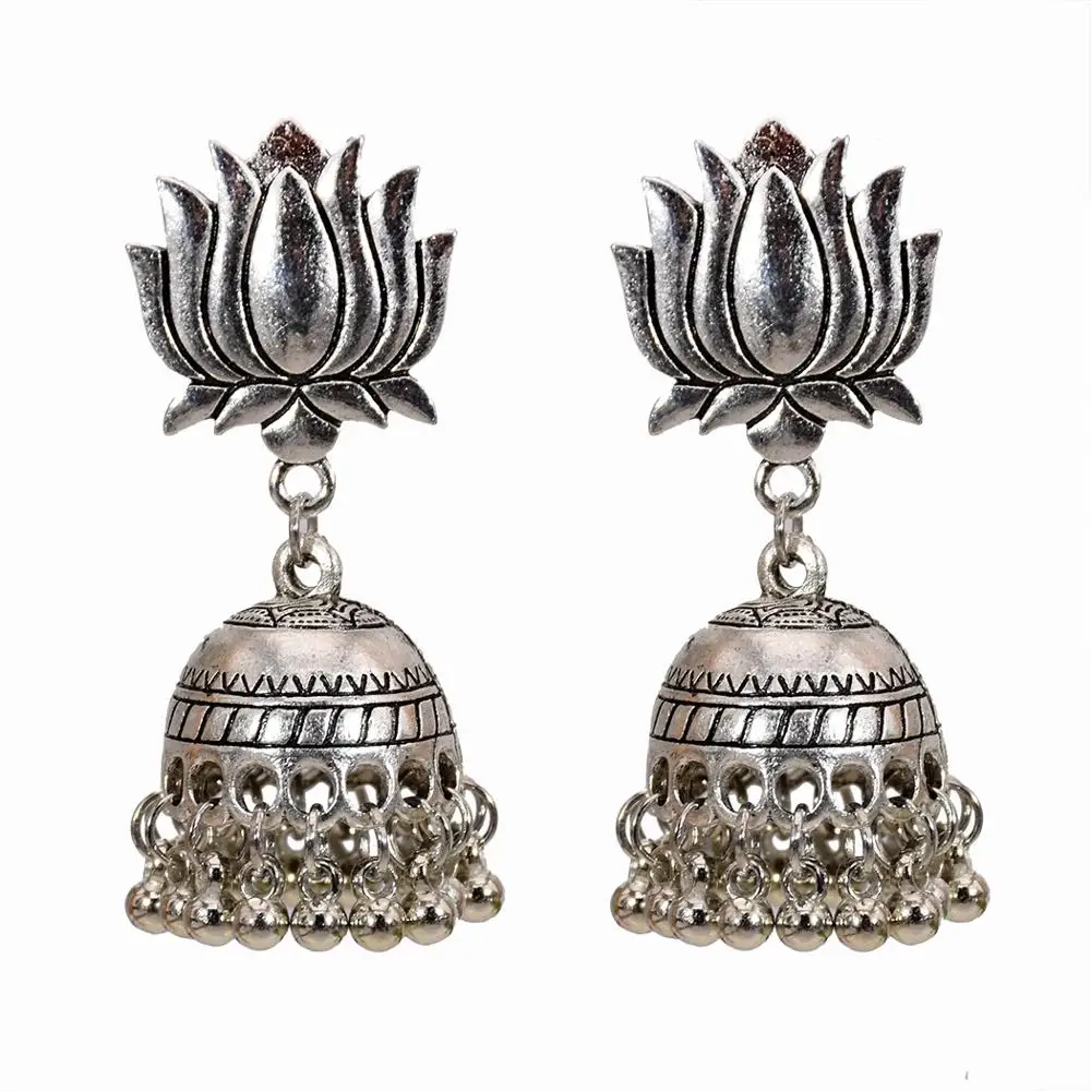 

Egypt Vintage Color Lotus flower Jhumka small Bells Tassel Earrings For Women Turkish Tribal Gypsy Indian Jewelry