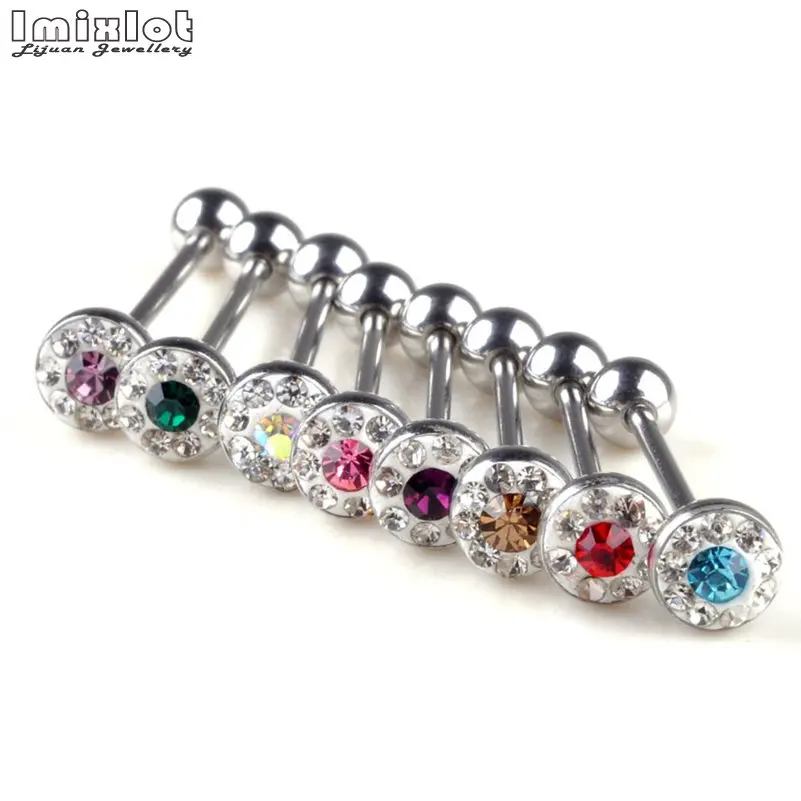 12 шт./лот 16G Красочные CZ Кристалл штангой соска язык бар Нержавеющая сталь пирсинг кольцо тела пирсинг, модные украшения