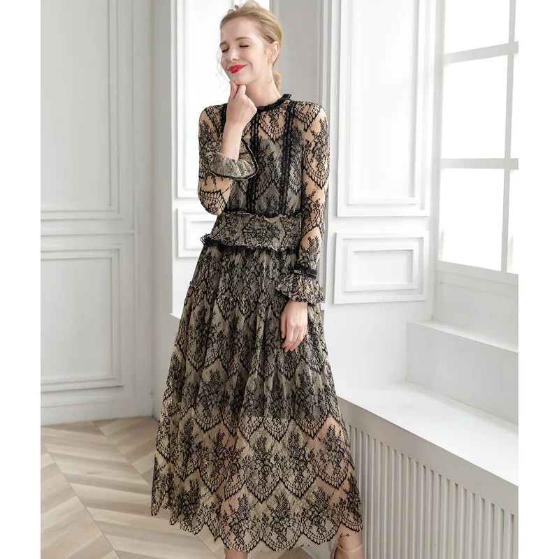 

Runway New Design Vintage Slim A-Line Dresses Women Luxury Lace Elastic Draped Waist Elegant Ruffles Long Dress