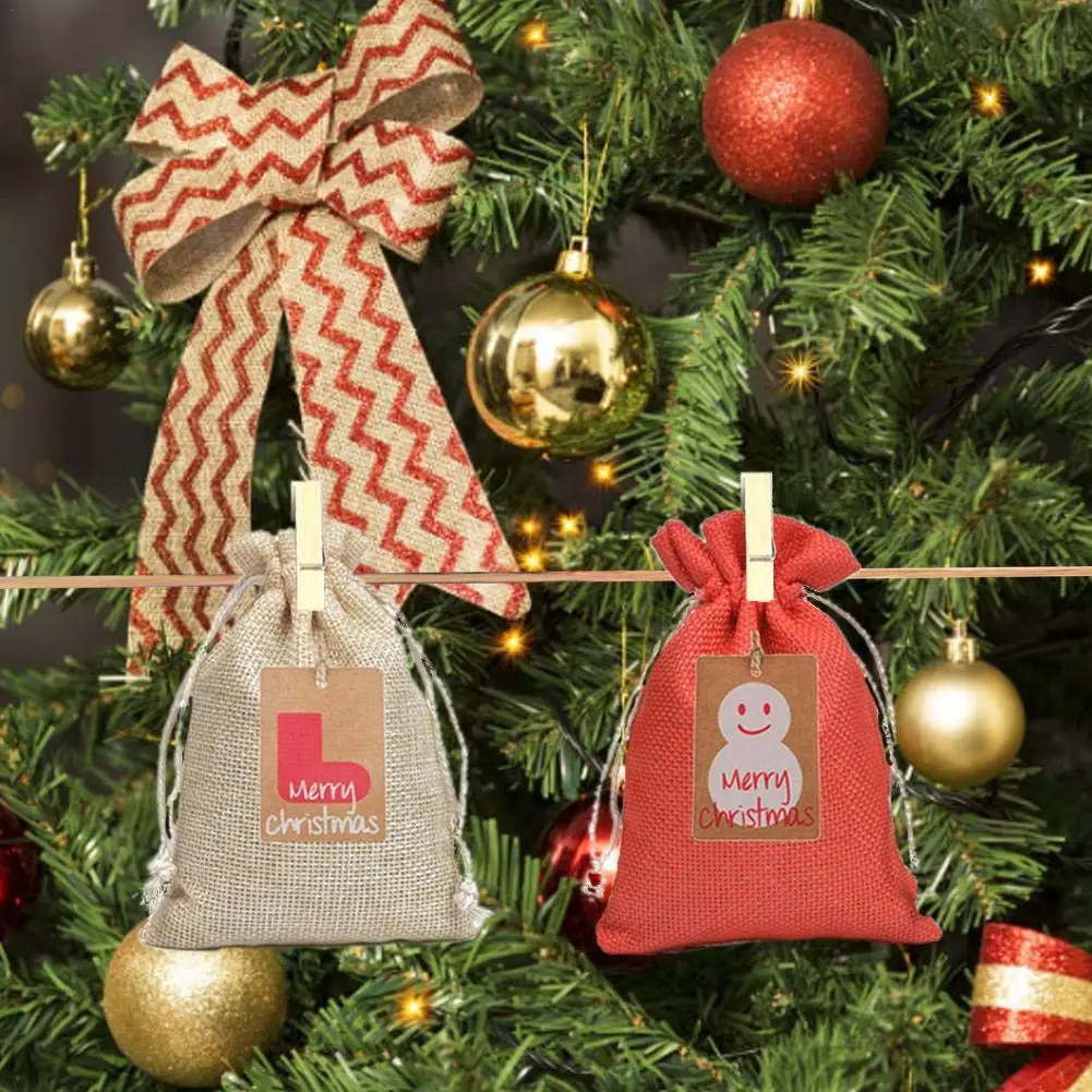 Advent Calendar Christmas Bags Burlap Hanging Craft Bag Reusable for Countdown Tree Decorations Wall Home Office | Дом и сад