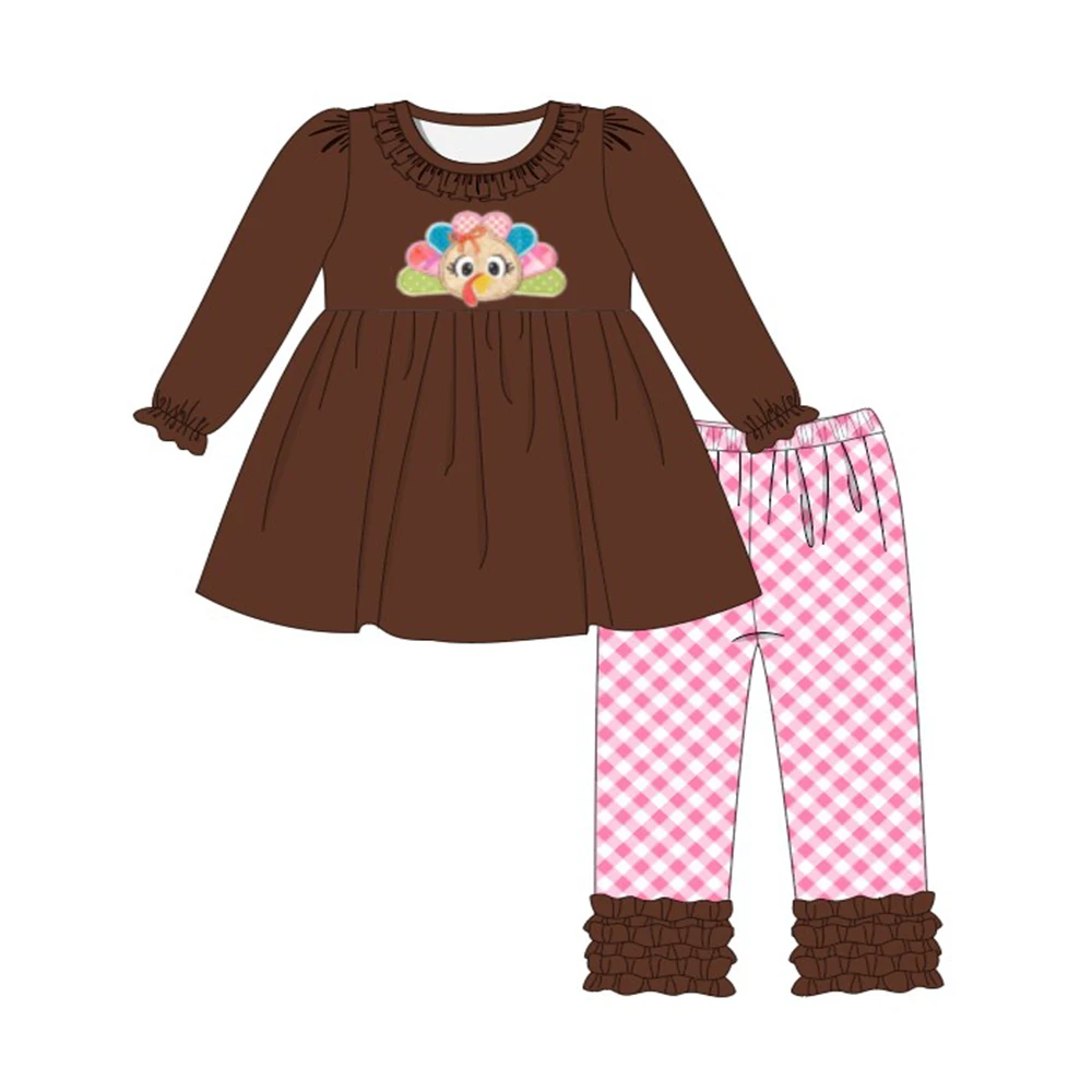 

Beautiful Pure Cotton Baby Girl Suit Brown Long-Sleeved Top With Turkey Embroidery And Pink Plaid Trousers Children Clothing