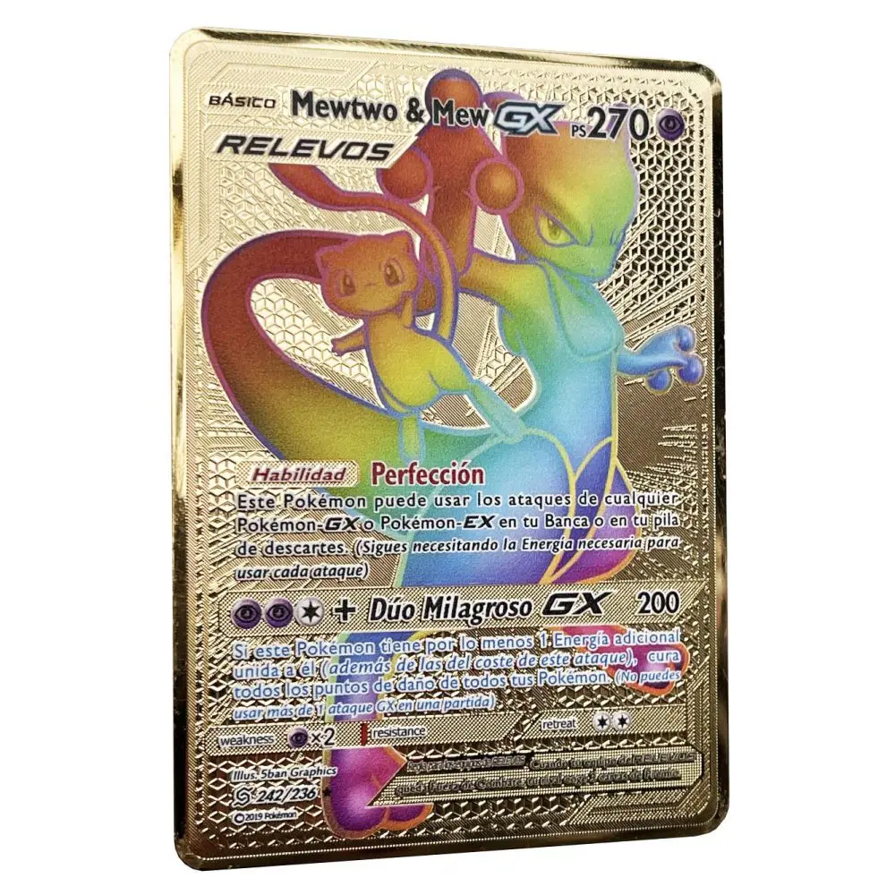 Радуга Mewtwo Mew релеос GX Покемон карты в испанском железном металлическом покемоне