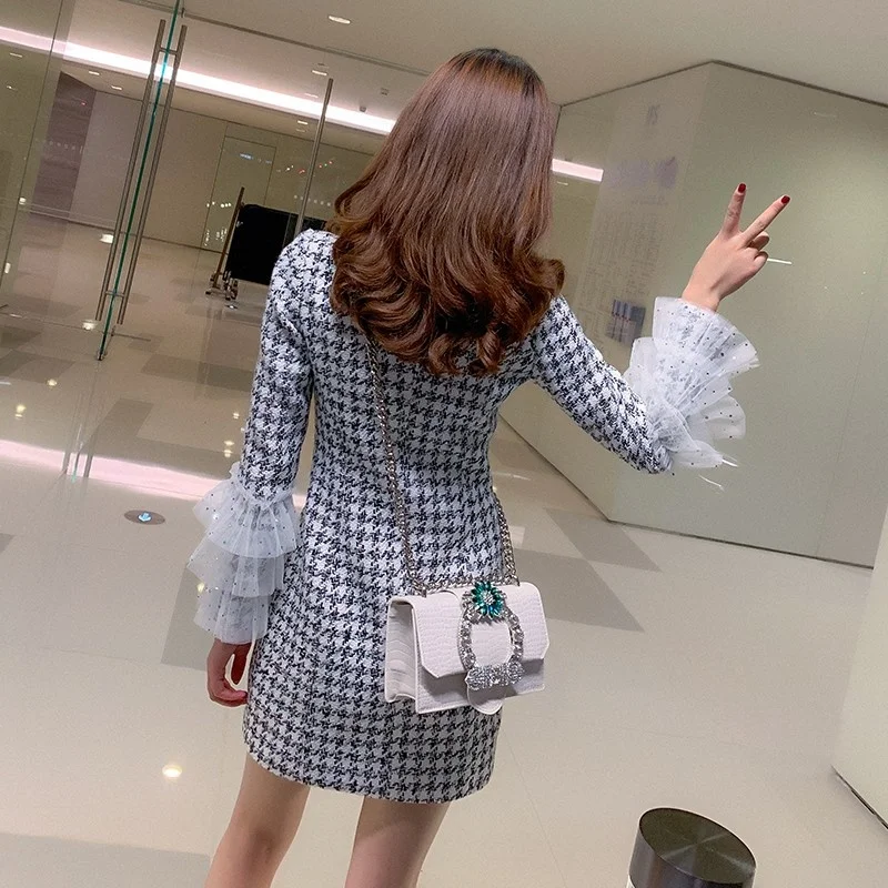 Ladies Office Plaid Dress 2022 Spring Patchwork Ruffle Double Breasted Female Dresses Sexy Slim V-Neck Tweed Women Short Dress