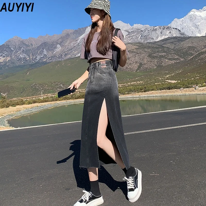 

AUYIYI 2021 Fashion New High Waist Slim All-match Bag Hip Label Split Gradient Denim A-line Mid-length Skirt Female Summer