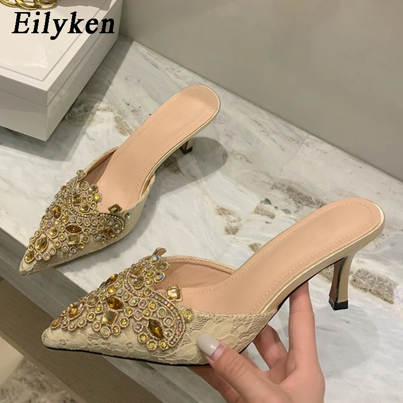 

Eilyken Size 35-40 Women Lace Pointed Toe Low Heel Slip On Crystal Diamond Shoes Summer Ladies Outdoor Party Footwear
