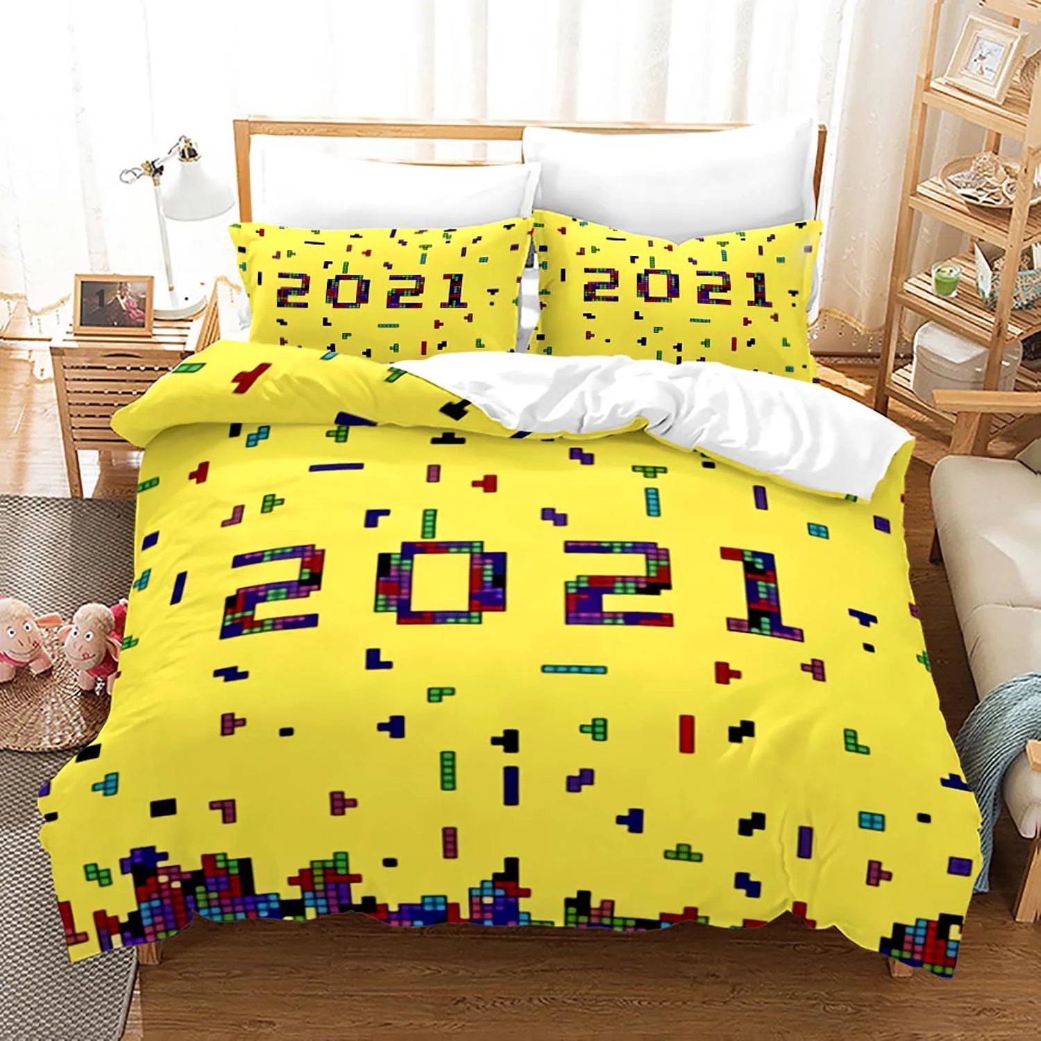 

Tetris Duvet Cover Set 3D Blocks Bed Cover Polyester Comforter Cover Pillowcases Nostalgic Game Bedding Set Queen King Full Size
