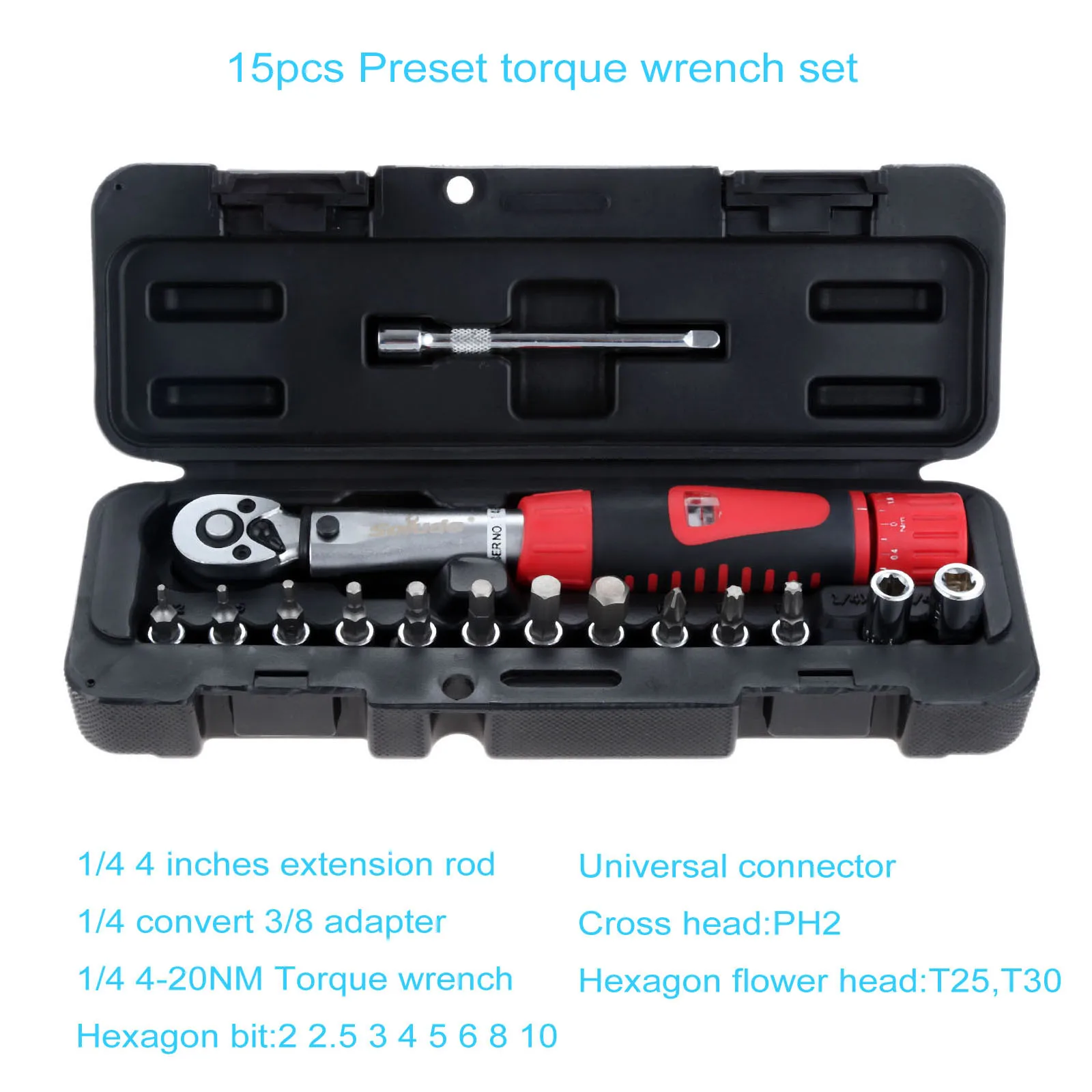 

15Pcs 1/4" Bicycle Torque Wrench Set 2-20N.m Cycling Bike Maintenance Socket Tools Kits with 1/4" to 3/8" Adapter Extension Bar