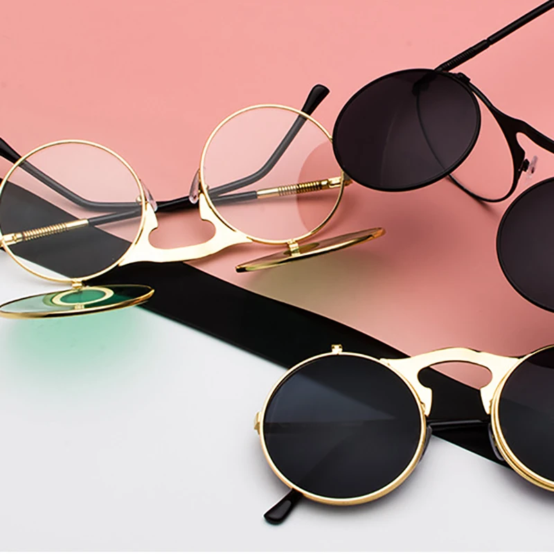 

2021 Flip Circular Double Metal Sun Glasses Steampunk Men Women Fashion Glasses Brand Designer Retro Vintage Sunglasses UV400