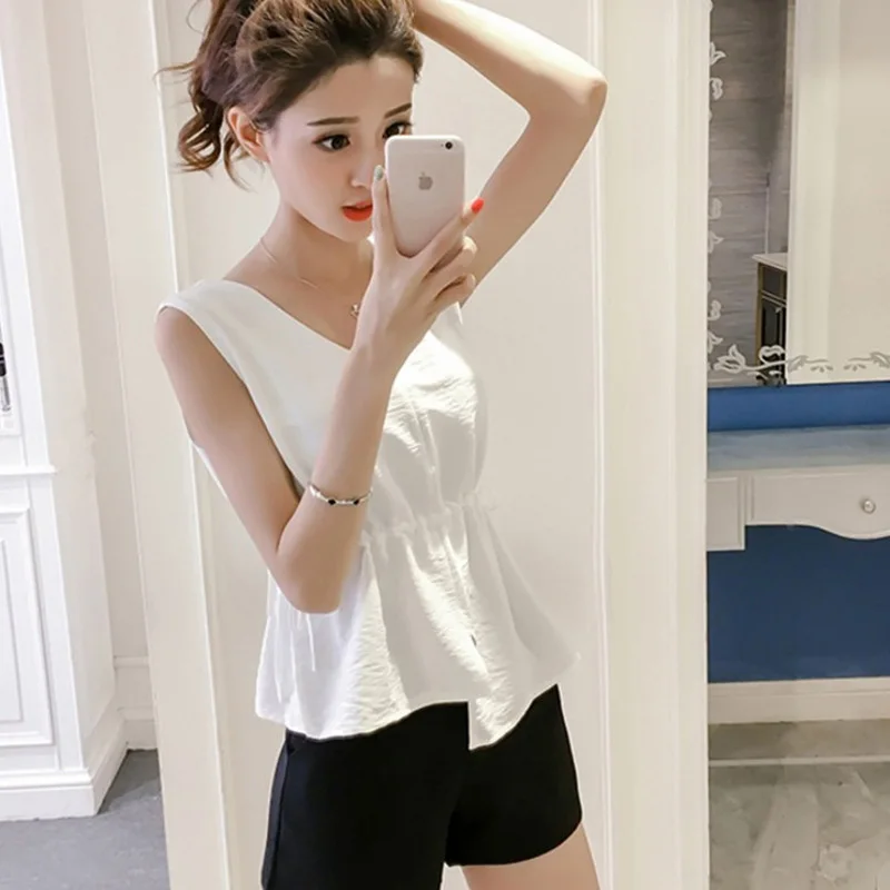 2020 Fashion Women's blouse Summer sleeveless Chiffon shirt  Lady Solid V-neck Casual blouse Plus Size  Loose Female Waist Top