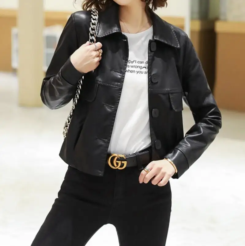 

Spring and Autumn New lapel Collar Women Loose Sheepskin Motorcycle Leather Jacket Trend Female Fashion Casual Coat M-2XL