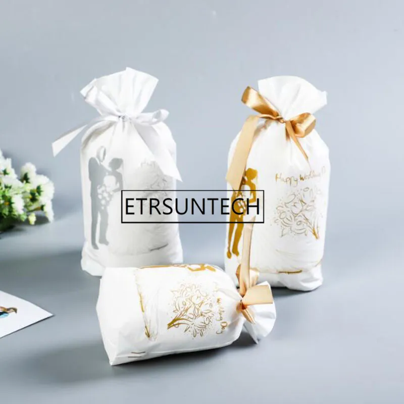 1000 шт Милое Свадебное платье сумки из шелкового шнурка золотые и серебряные