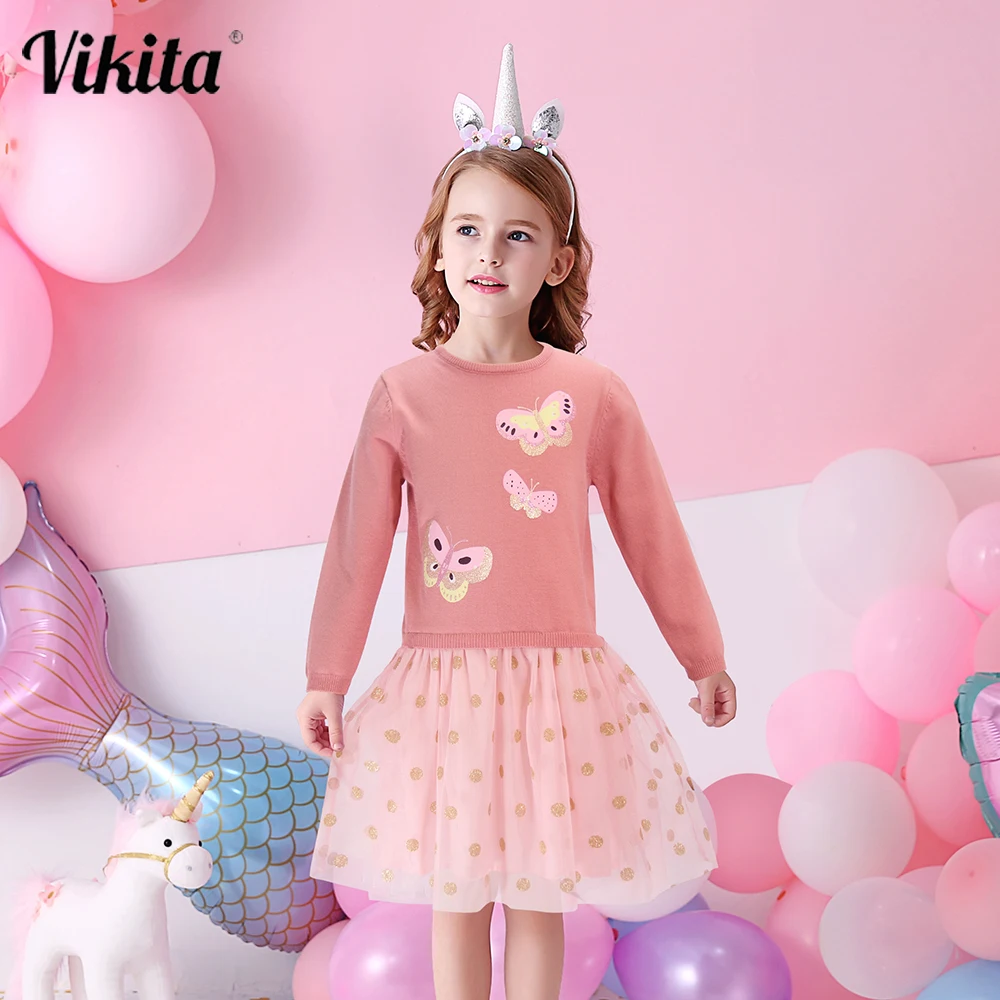 

VIKITA/осенне-зимнее платье с бабочками для девочек; Детские платья-свитера для девочек; Вязаные платья-свитера с длинными рукавами; Одежда для...