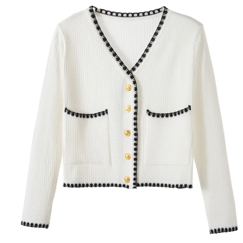 

2021 New Women Fashion Long Sleeve V-Neck Knitted Jacket Loose Single Breasted Sweater Pockets Buttons Casual Knitwear Cardigans