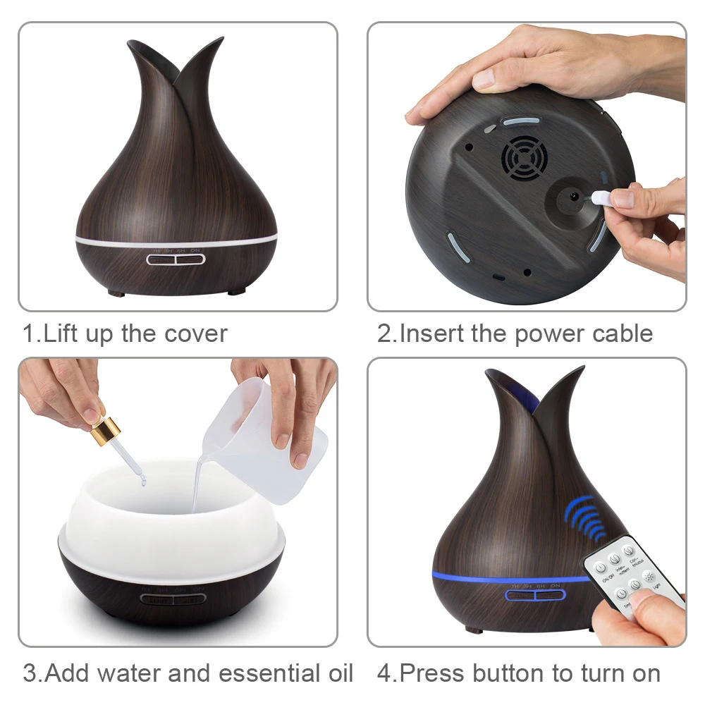 

KBAYBO 400ml Air humidifier electric Ultrasonic Aroma Essential Oil Diffuser Wood Grain purifier mist maker LED light for home