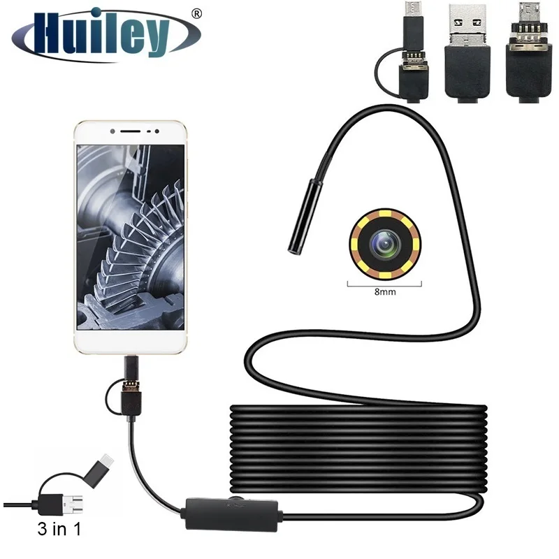 

3in1 Type C Endoscope 8LED USB Microscope PC Borescope HD Waterproof Cable Inspection Camera