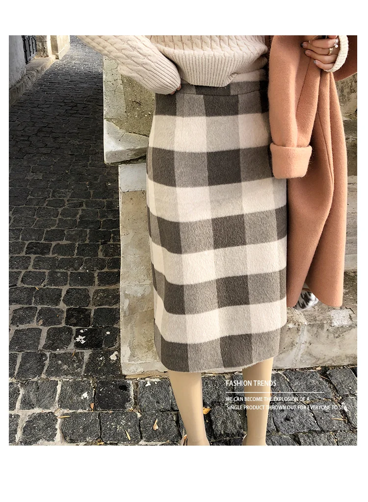 

Vintage all-match Style A Line Skirt Women High Waist mid-long Skirt Autumn Winter plaid