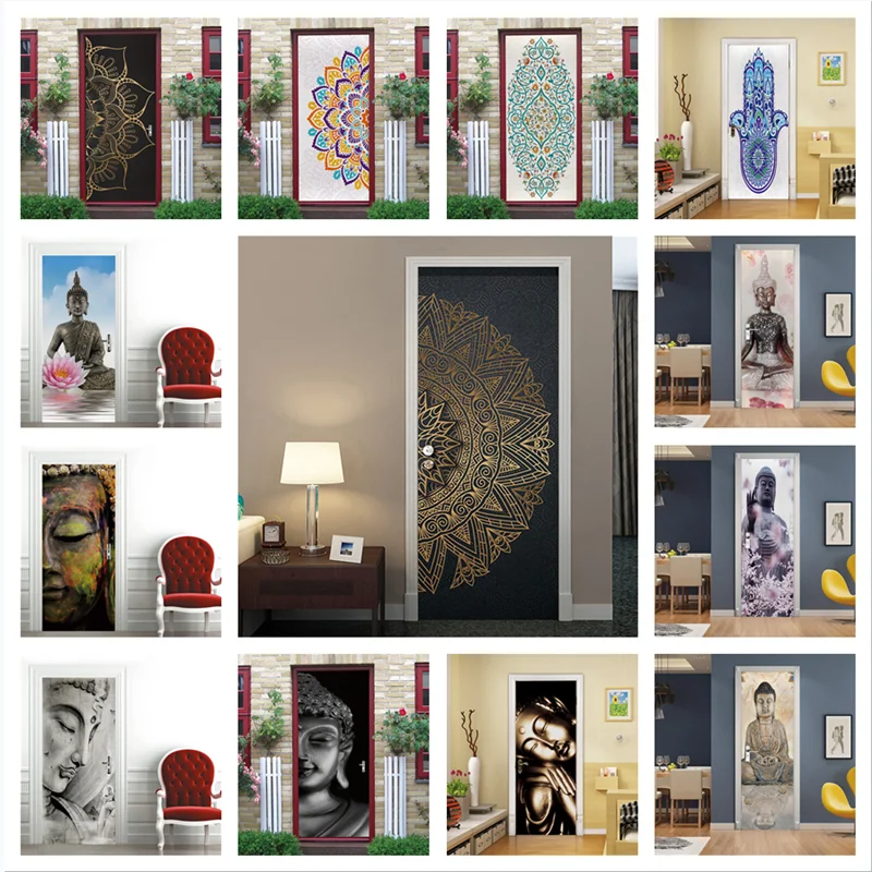 Mandala Buddha Door Sticker Bedroom Home Living Room 3d Wallpaper Walls Self-adhesive Decorative Vinyls Decals Renew Poster