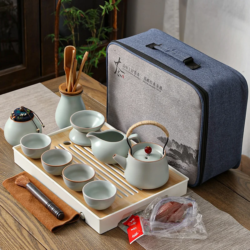 

Ceramic Travel Tea Set Outdoor Kung Fu Chinese Portable Vintage Handmade Tea Set Bamboo Tray Jogo De Xicaras Drinkware DE50CJ