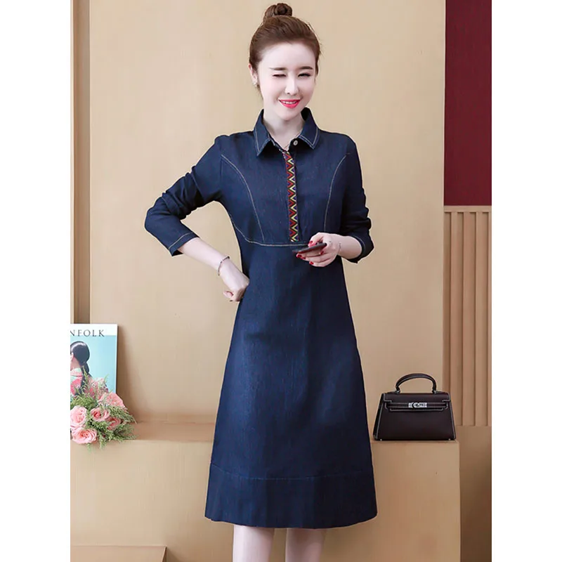 Женское джинсовое платье с длинным рукавом и воротником-рубашкой | Женская