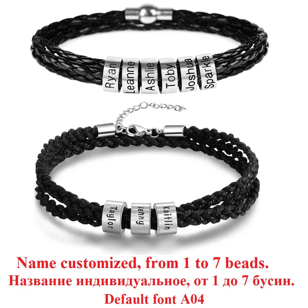 LIKGREAT Name Letter Customize Leather Bracelet for Women Men Stainless Steel Beads Braided Rope Wrist Bracelets Personalized
