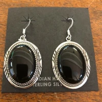 vintage black stone resin dangle earrings for women silver color hook earring statement boho ethnic party jewelry wholesale