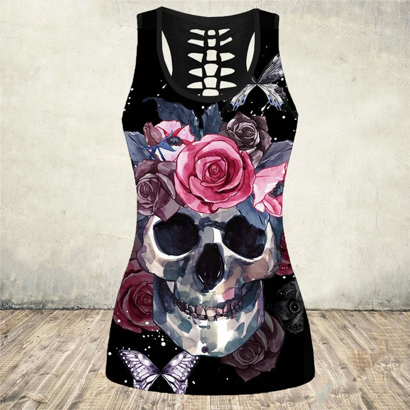 2021 New Fashion Goth Hollow Out Sleeveless Tank Tops Women Summer Skull Printing Plus Size 5XL Tee Shirt Bodycon Clothes Y2K