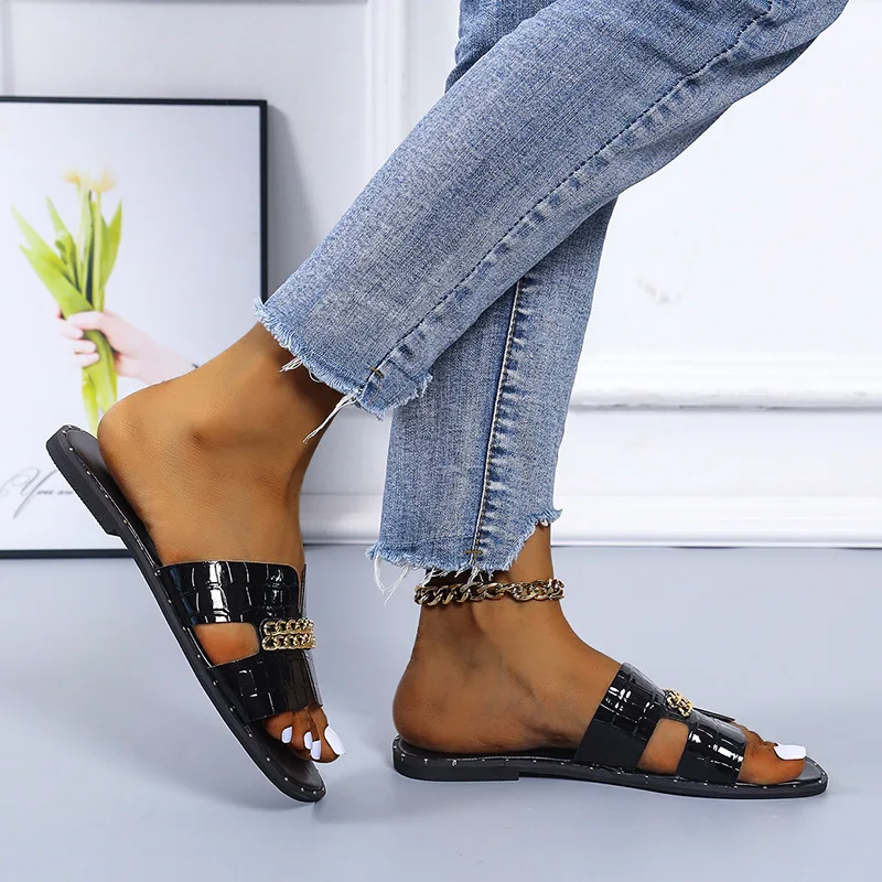 

Summer New Women Fashion Flat Flip Flops Double Chain Sandal Slippers Shoes Women Lady Flats Slippers Sandals plus Size 35-43