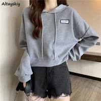 cropped hoodies women long sleeve waffle high quality loose hooded high street patch designs korean stylish tops mujer chic soft