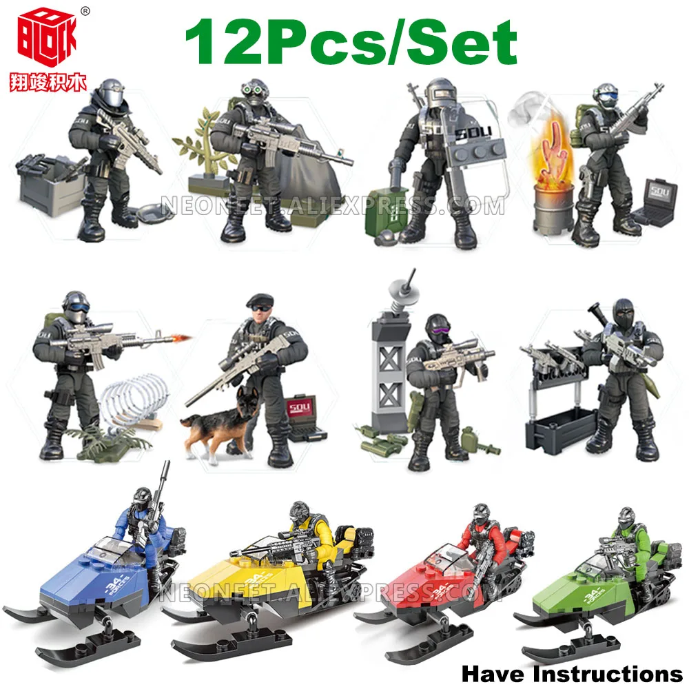 

12Pcs World War 2 WW2 Army Military Soldier City Police SWAT With Weapon Accessories Figures Building Blocks Bricks Kids Toys