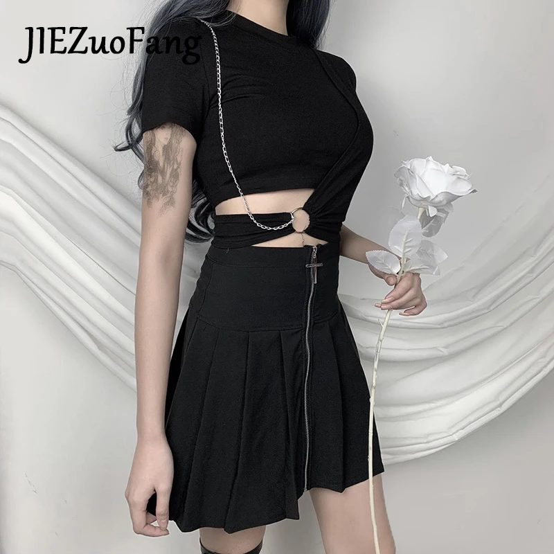 JIEZuoFang Готический тренд футболки для женщин 2020 Новые Летние черные с коротким