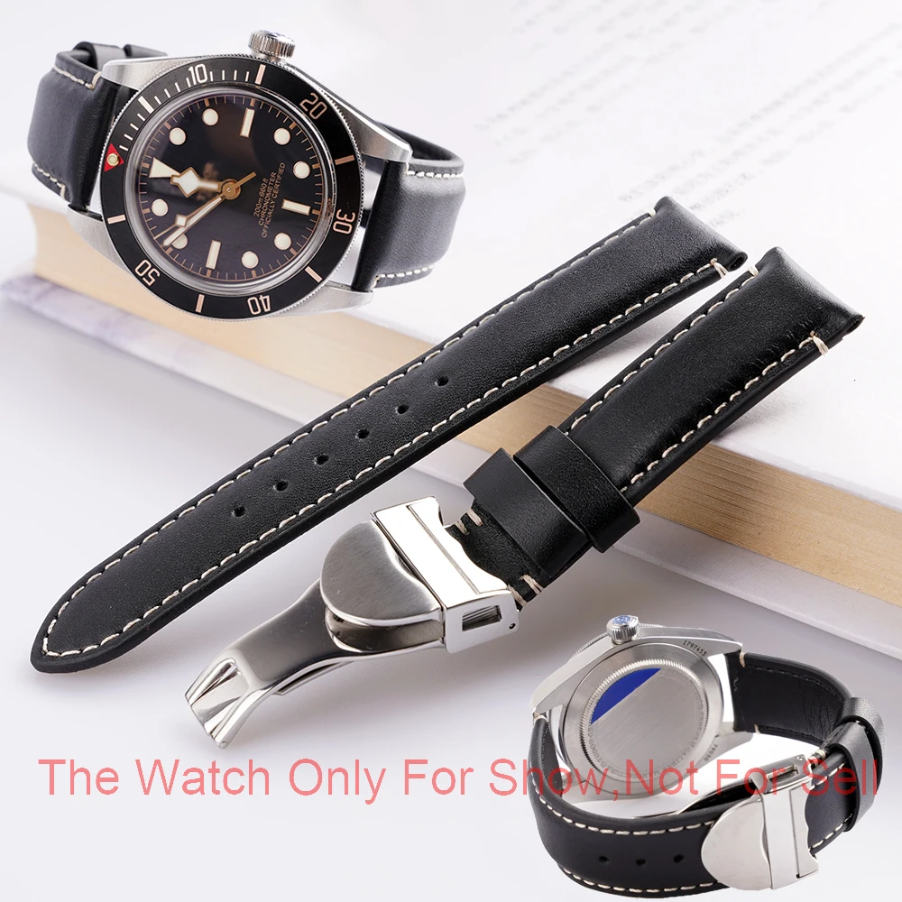 

CARLYWET 20 22mm Black Genuine Leather Replacement Wrist Watchband Strap Belt Loops Bracelets For Tudor Black Bay 58 Seiko SKX