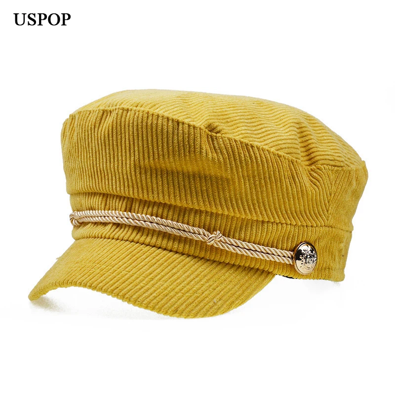 USPOP, новинка, женские шапки, Осенние вельветовые кепки newsboy, модные однотонные кепки с плоским верхом и козырьком, женские ретро военные кепки