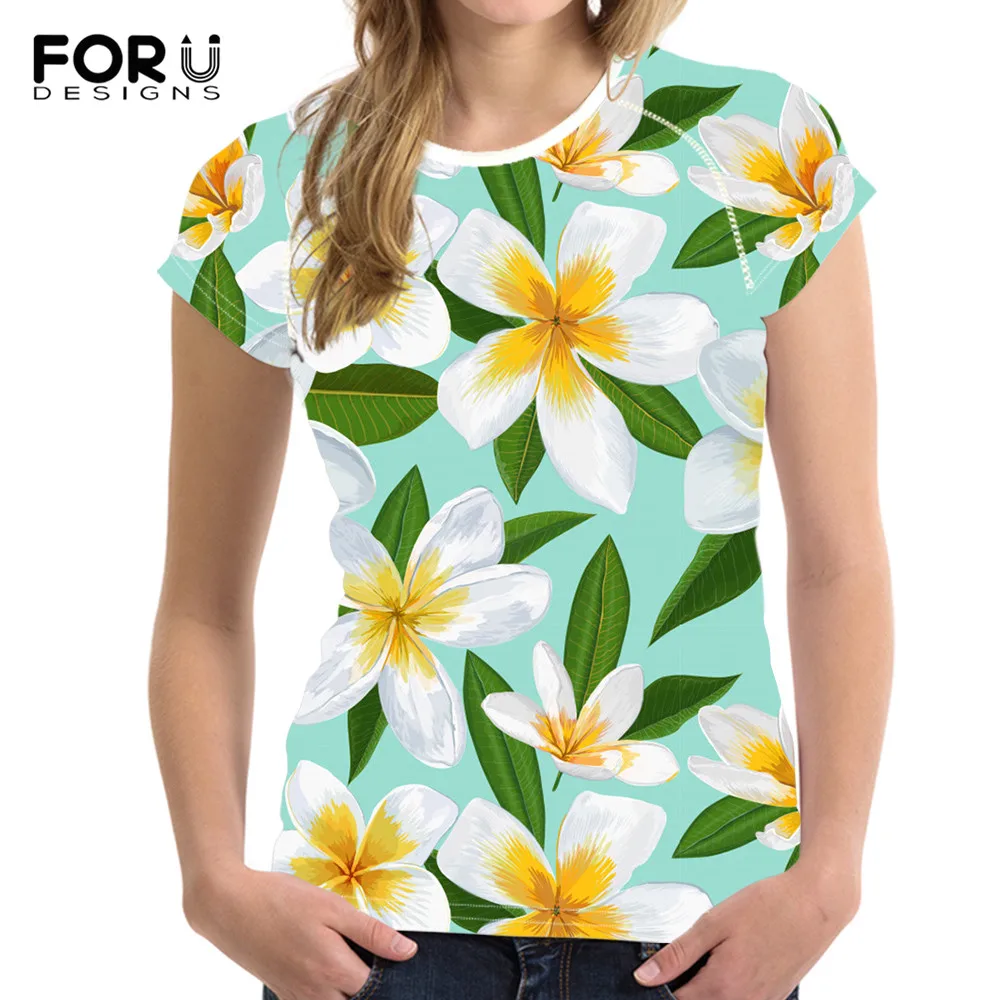 

FORUDESIGNS Hawaiian Short Sleeved Plumeria Style Women Summer Casual Tops Female Oversized Loose O-neck Tees Vestidos Mujer Hot
