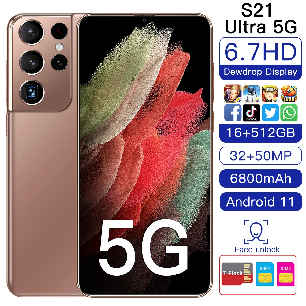 

New Arrival S21 Ultra Global Version Smartphone 16GB 512GB SIM Card Face Fingerprint Unlock 32MP 50MP 6800mAh Android11