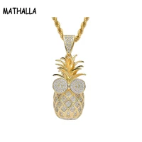 mathalla fashion cz fruit pineapple pendant with string chain iced cubic zircon gold necklace hip hop jewelry mens gift
