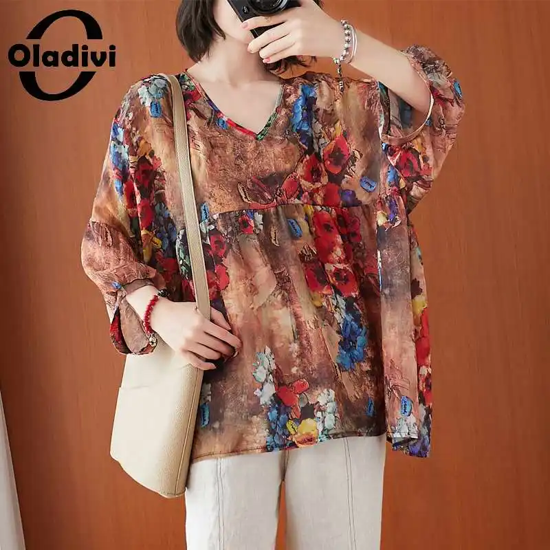 

Женская шифоновая блузка Oladivi, свободная рубашка большого размера с принтом и рукавами 3/4, большие туники, весна-лето, 8XL
