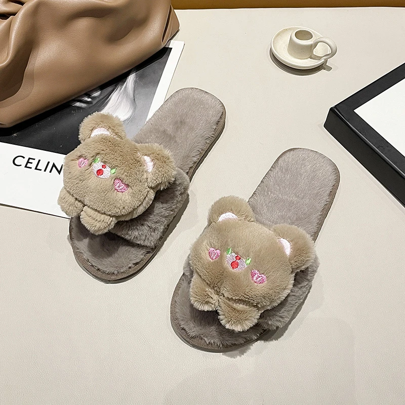 

2021 NEW Women Slippers Winter Furry Slides Fluffy Slippers Fur Warm Soft Flat Shoes Funny Home Indoor Shoes Pantoffels Dames